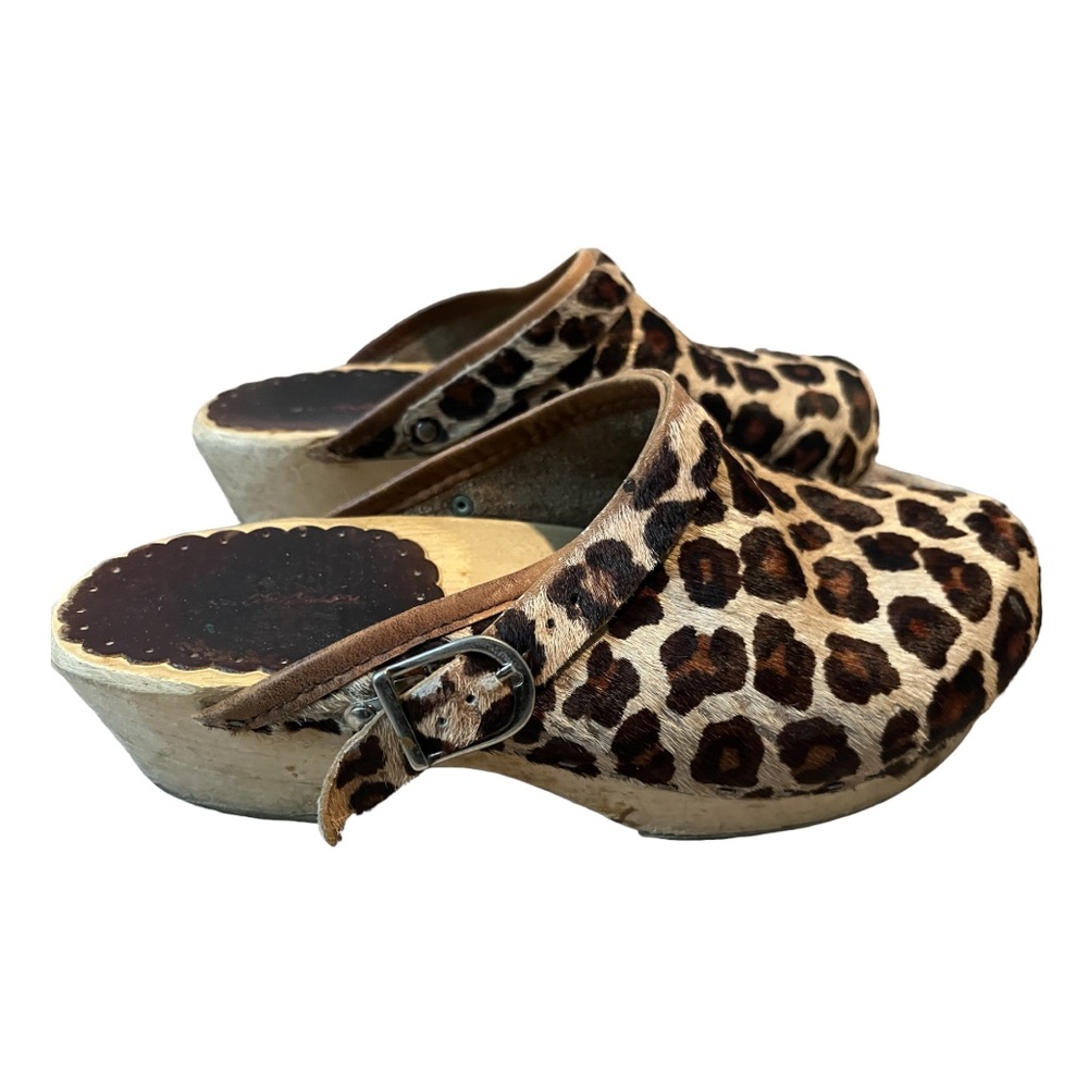 Hanna Andersson animal cheetah print calf-hair wooden clog vintage style size 37